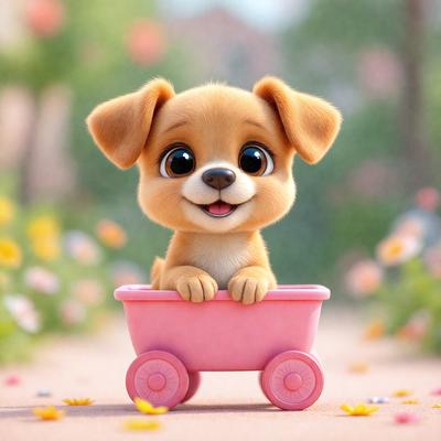 The primary subject of the image is a small dog sitting in a pink wagon. The dog appears to be smiling and enjoying the ride. The setting is a flower-covered path, with a variety of flowers surrounding the wagon. The visual style is a digital art illustration, creating a whimsical and playful atmosphere. The dominant colors are pink, which is the color of the wagon, and various shades of green, which represent the flowers on the path.